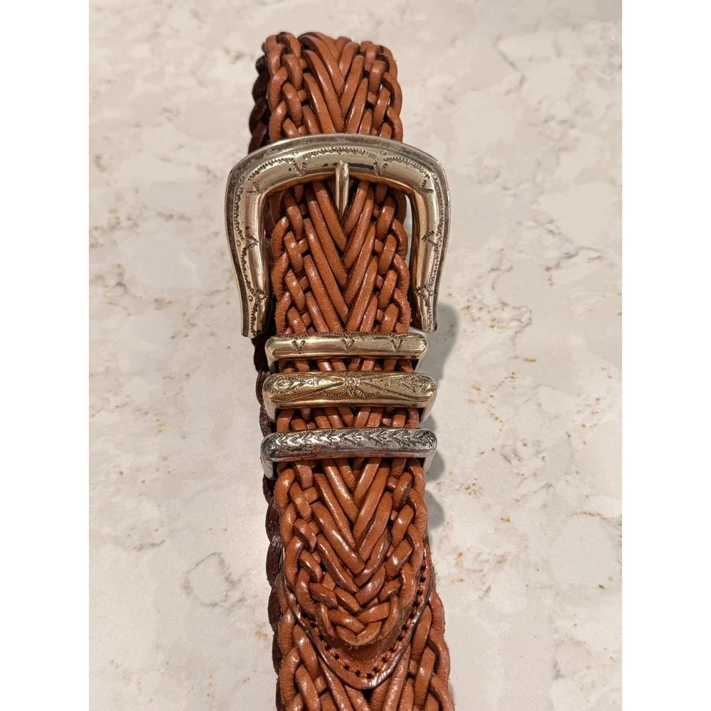 Vintage Braided Leather Concho Belt Brown Western Woven Silver Tone Buckle 69606